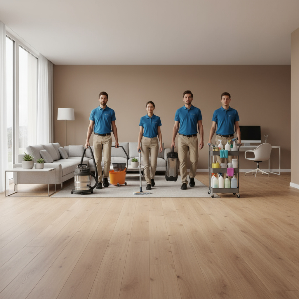 Team met schoonmaakmaterialen in woning en kantooromgeving